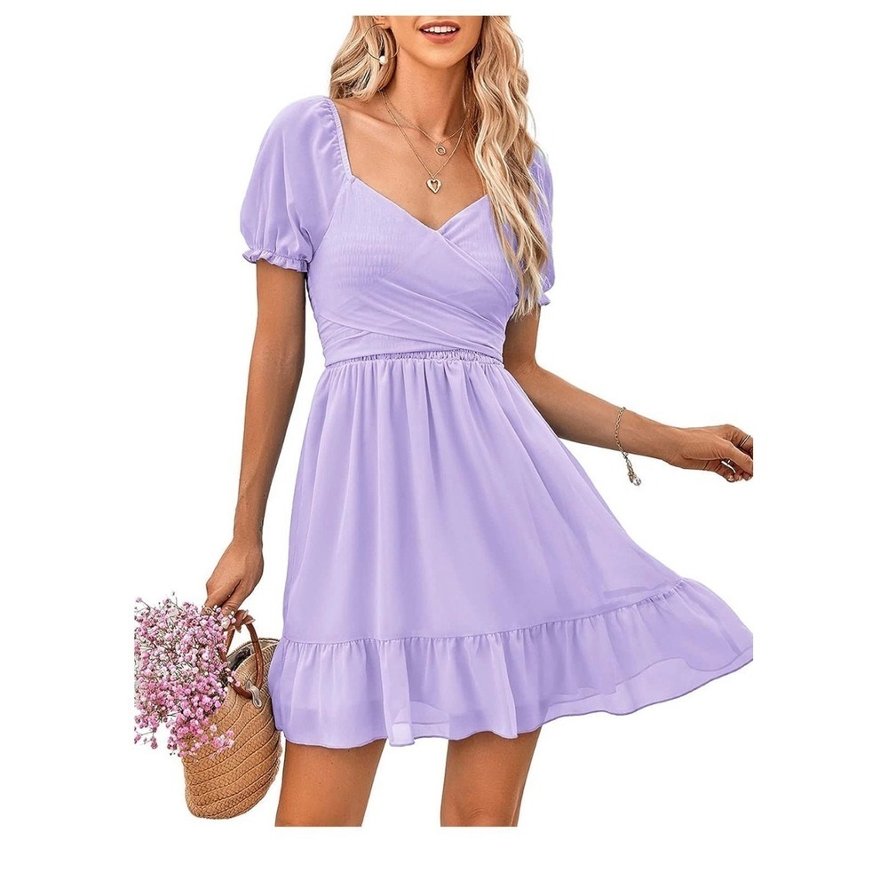 Dokuritu Reversible Lavender Puff Sleeve‎ Smocked Mini Dress with Belt Purple L